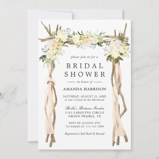 フローラアー素朴チアイボリーホワイトブライダルシャワー 招待状 (正面)