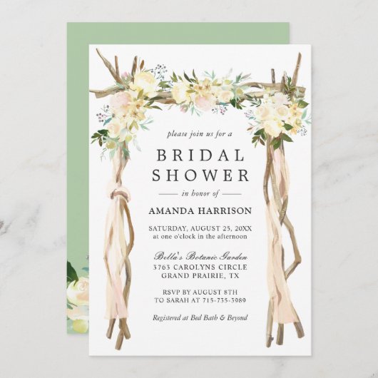 フローラアー素朴チアイボリーホワイトブライダルシャワー 招待状 (正面/裏面)