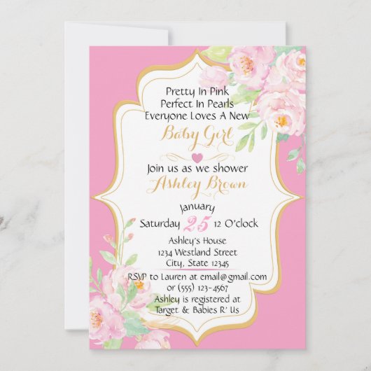 フローライかわいらしンピンクベビーシャワー招待状 招待状 (正面)