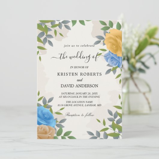 フローライエローとブルーの結婚式招待状 招待状 (スタンド正面)