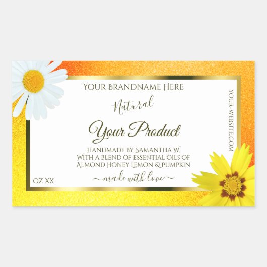 フローライエローオレンジグリッターホワイトプロダクトラベル 長方形シール (正面)