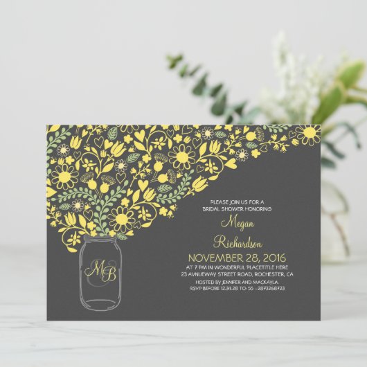 フローライエローグレーメイソンジャーかわいいブライダルシャワー 招待状 (スタンド正面)