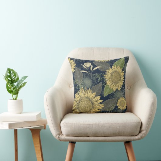 フローライエローサンフラワーネイビーブルー装飾用クッション クッション (椅子)