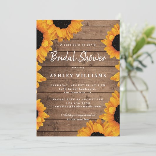 フローライエローサンフラワー素朴ウッドブライダルシャワー 招待状 (スタンド正面)