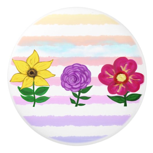 フローライエローピンクパープルウォーター色のストライプ色 セラミックノブ (正面)