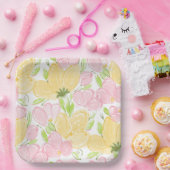 フローライエローピンク水彩誕生日シャワー ペーパープレート (パーティー)