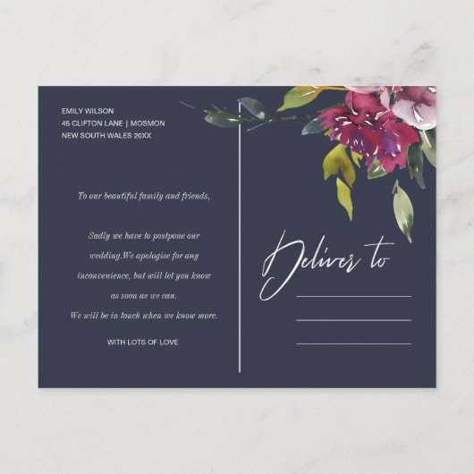 フローライエローピンク結婚のブルゴーニュのデート変更 案内ポストカード (裏面)