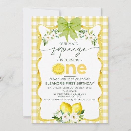 フローライエローレモン私たちのメイン絞り1st誕生日 招待状 (正面)