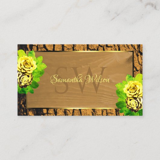 フローライエローローズウッドグレインツリーバークイニシャル 名刺 (正面)