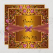 フローライエロー金ゴールドピンクバタフライバースデーパーティー 招待状 (正面/裏面)