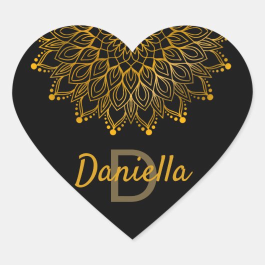 フローライニシャルモノグラム金ゴールドパーソナライズされた曼荼羅 ハートシール (正面)