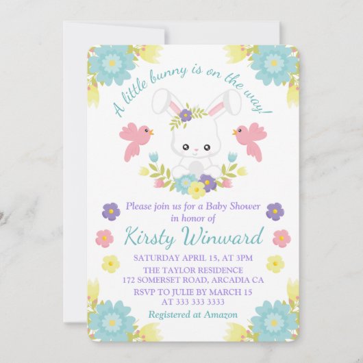 フローライースターバニーと春鳥ベビーシャワー 招待状 (正面)