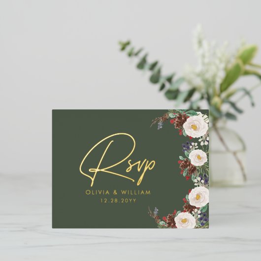 フローラウィンターグリーナリークリスマスホリデーRSVP 箔招待状ポストカード (立ち正面)