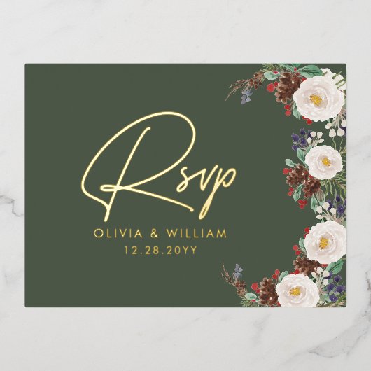 フローラウィンターグリーナリークリスマスホリデーRSVP 箔招待状ポストカード (正面)