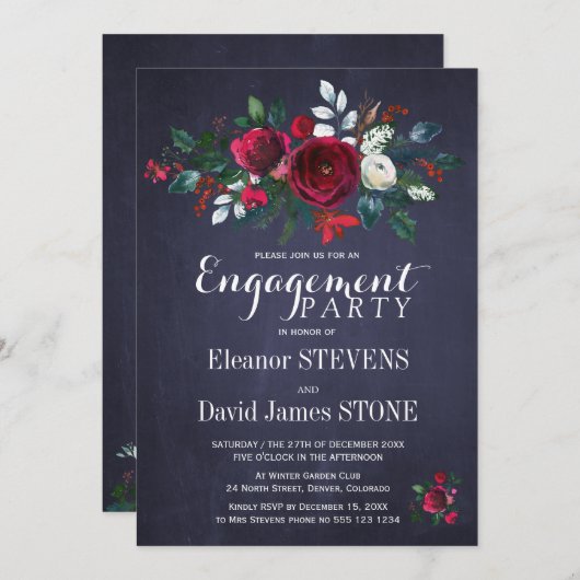 フローラウィンターネイビーレッドクリスマス婚約パーティ 招待状 (正面/裏面)