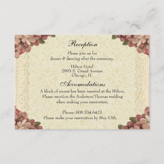 フローラウェディングレセプションピンクローズヴィンテージ エンクロージャーカード (正面)