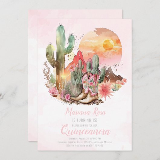 フローラウエスタンブーツキンセアニェラ誕生日 招待状 (正面/裏面)