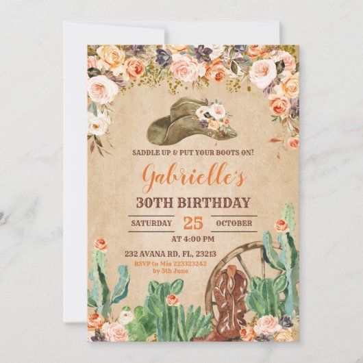 フローラウエスタン女性のカーボーイ誕生日招待状 招待状 (正面)