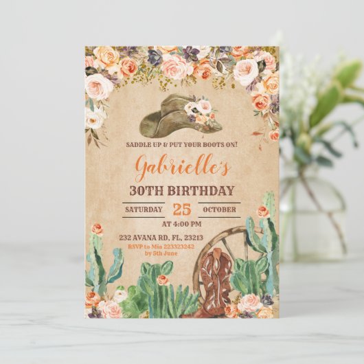 フローラウエスタン女性のカーボーイ誕生日招待状 招待状 (スタンド正面)