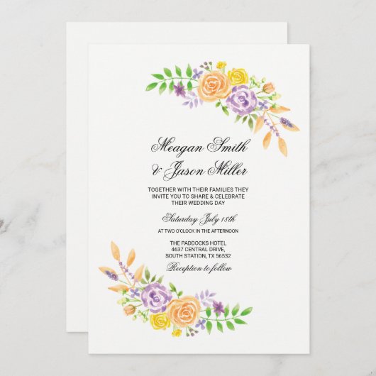 フローラウエディングフラワーパープルピーチ招待状 招待状 (正面/裏面)