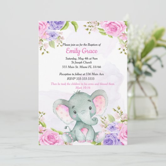 フローラウォーターカラーエレファントガールバプテスマ招待状 招待状 (スタンド正面)