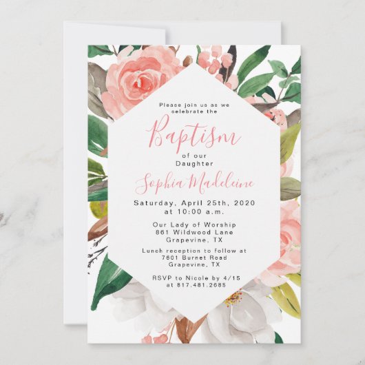 フローラウォーターカラーガールバプテスマ招待状 招待状 (正面)