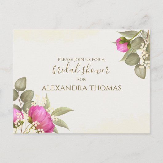 フローラウォーターカラーグリーナリーピーニーブライダルシャワー ポストカード (正面)