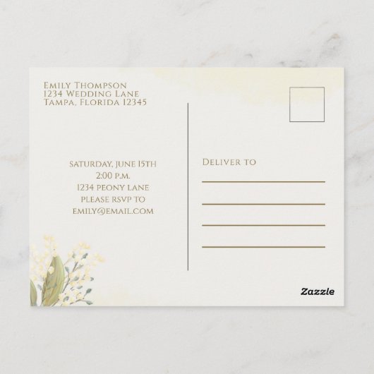 フローラウォーターカラーグリーナリーピーニーブライダルシャワー ポストカード (裏面)