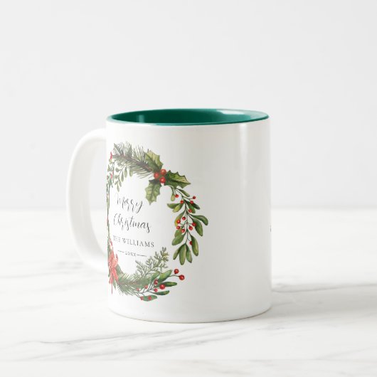 フローラウォーターカラーグリーンリーファミリークリスマスカスタム ツートーンマグカップ (正面左)