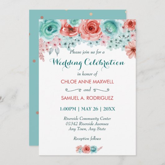 フローラウォーターカラーコーラルピンクアクアエレガントな結婚式 招待状 (正面/裏面)
