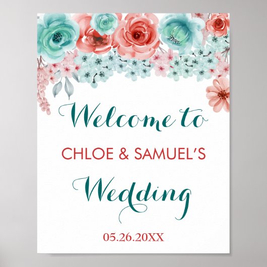 フローラウォーターカラーコーラルピンクアクア結婚の歓迎 ポスター (正面)
