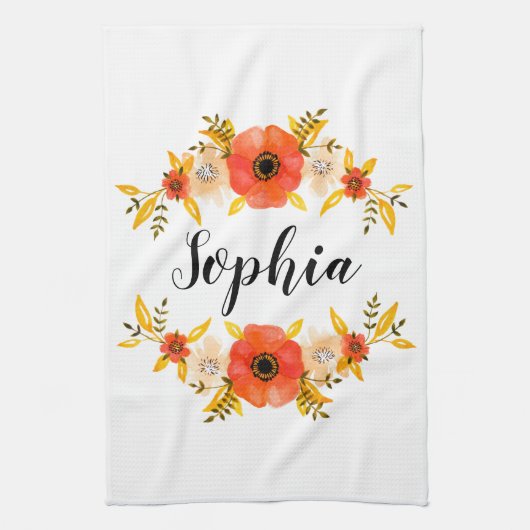 フローラウォーターカラーサンゴリースカスタム文字 キッチンタオル (縦)