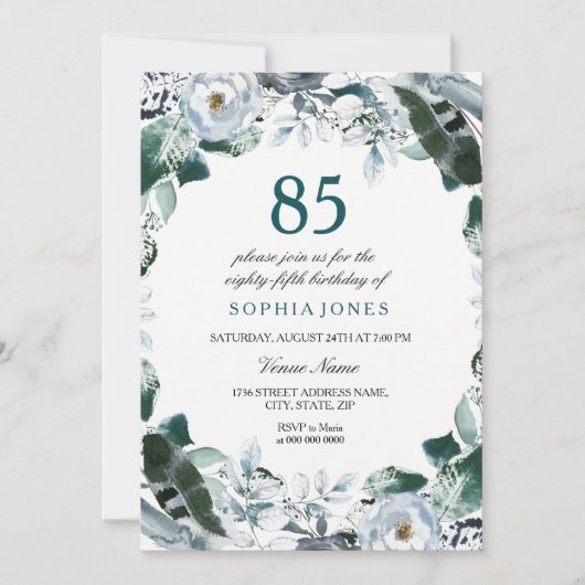 フローラウォーターカラージェードグリーン85th誕生日招待状 招待状 (正面)