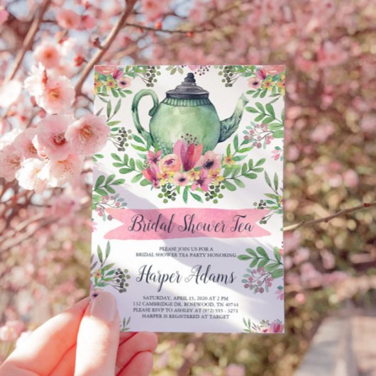 フローラウォーターカラーティーポットブライダルシャワーティー 招待状