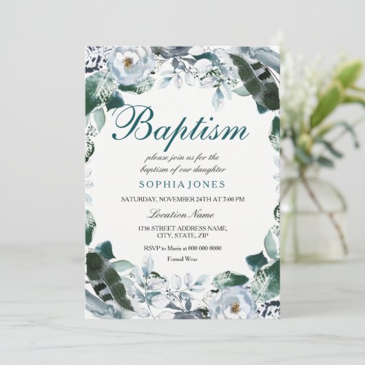 フローラウォーターカラーティール（緑がかった色）グリーンバプテスマ招待状 招待状 (スタンド正面)