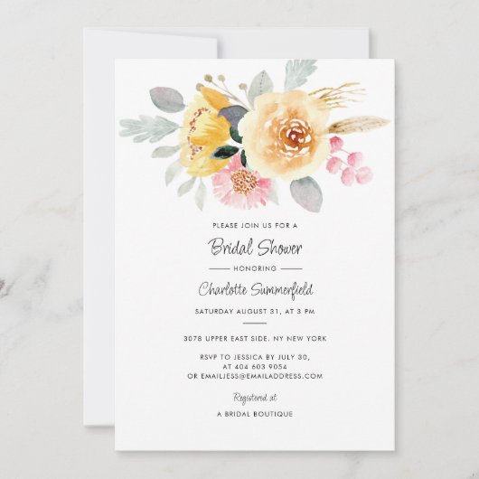 フローラウォーターカラーパステルミニマルブライダルシャワー 招待状 (正面)