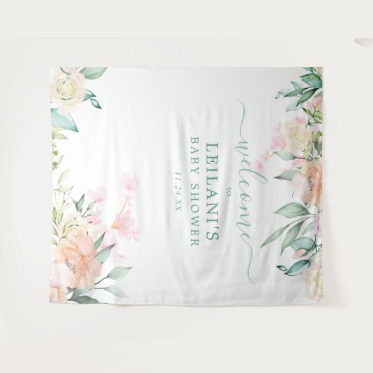 フローラウォーターカラーパステルリースボタニカルウェルカム タペストリー (正面(横))