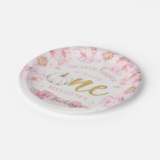 フローラウォーターカラーパンプキンファースト誕生日 ペーパープレート (アングル)