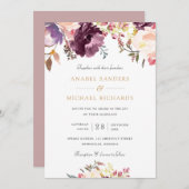 フローラウォーターカラーパープルラベンダーエレガントな結婚式 招待状 (正面/裏面)