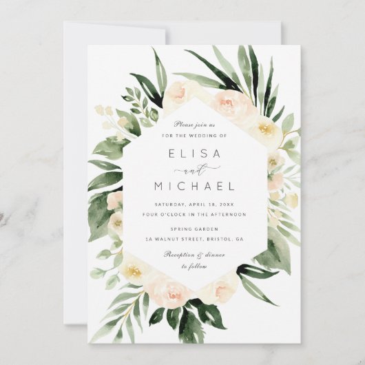 フローラウォーターカラーピーチ赤面モダン ミニマル 招待状 (正面)