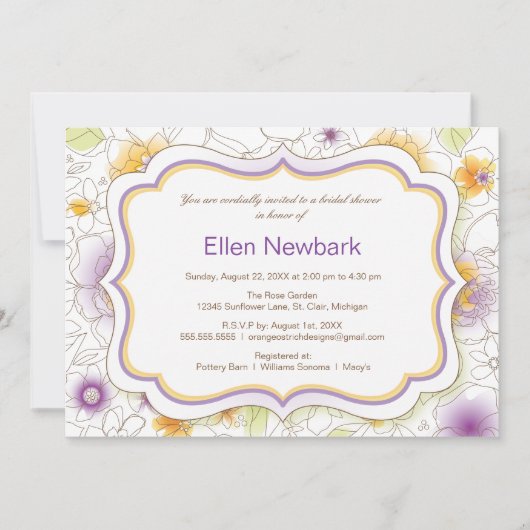 フローラウォーターカラーブライダルシャワー招待紫 招待状 (正面)