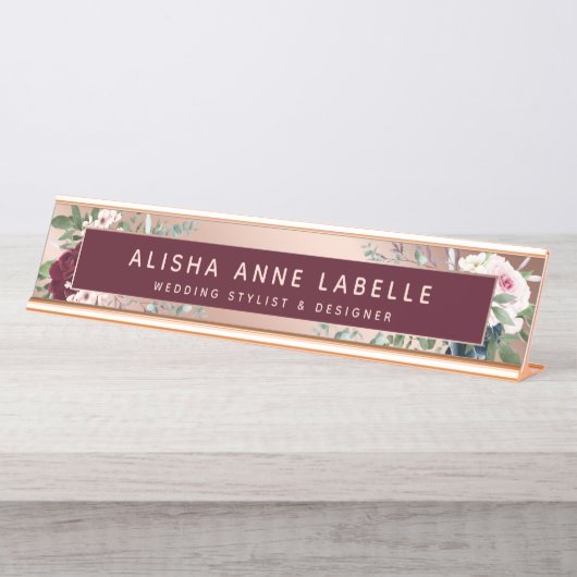 フローラウォーターカラーブラウスバラ金ゴールド&ブルゴーニュ デスクネームプレート (正面)