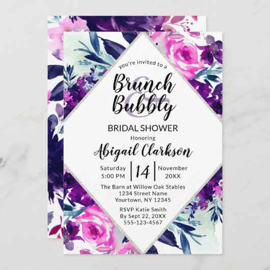 フローラウォーターカラーブランチ&バブリーブライダルシャワー 招待状 (正面/裏面)