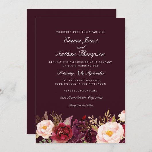 フローラウォーターカラーブルゴーニュ結婚式招待状 招待状 (正面/裏面)