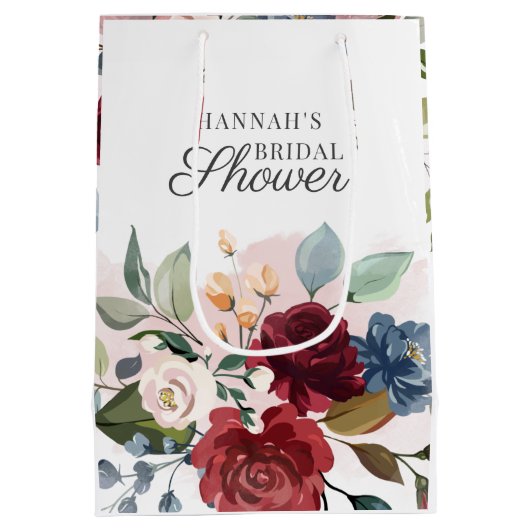 フローラウォーターカラーブルゴーニュ赤面ブライダルシャワー ミディアムペーパーバッグ (裏面)
