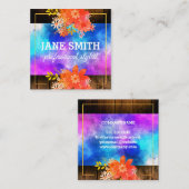 フローラウォーターカラーブーケ縁ど金ゴールド素朴ウッド スクエア名刺 (正面/裏面)