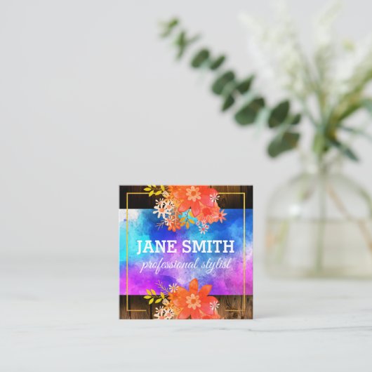 フローラウォーターカラーブーケ縁ど金ゴールド素朴ウッド スクエア名刺 (スタンド正面)