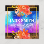 フローラウォーターカラーブーケ縁ど金ゴールド素朴ウッド スクエア名刺 (正面)