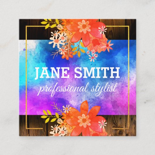 フローラウォーターカラーブーケ縁ど金ゴールド素朴ウッド スクエア名刺 (正面)
