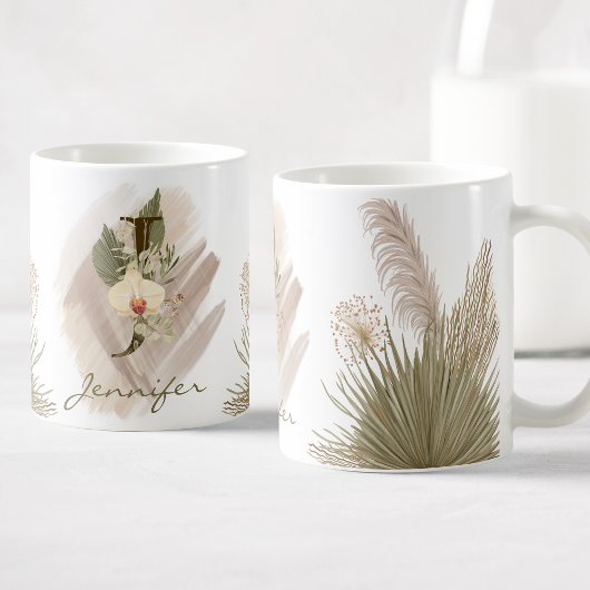 フローラウォーターカラーボホカスタムモノグラム名 コーヒーマグカップ